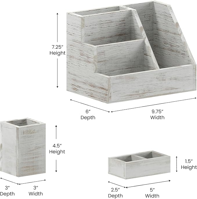 Merrick Lane Ceely 3 Wood Organizer Set - Whitewashed Solid Pine Wood - For Desktop, Table Top, or Vanity