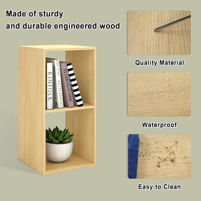 2 Cube Shelf with Anti-Tipping Kits + Reversible Open Back Bookcase, Multi Layer and Multi Grid Partition Layout (Oak 11in)