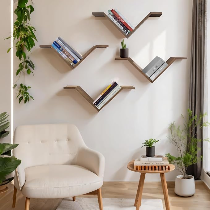 Book Shelf for Wall Set of 2, Modern Hanging Bookshelf Wall Mounted Desktop Book Shelves, Walnut Organizer for Bedroom Livingroom Office