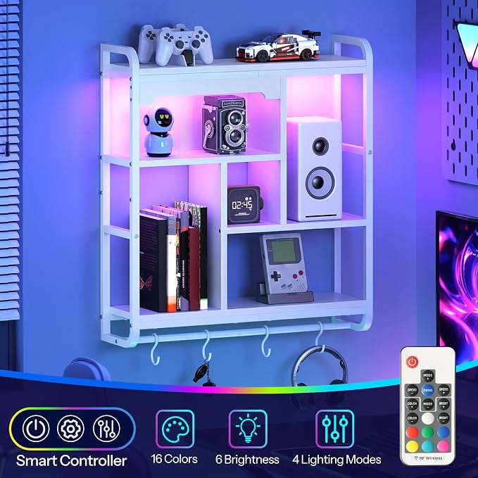 HOOBRO Gaming Floating Shelves with LED Lights, 26.4" LED Wall Mounted Shelf, Modern Corner Shelf 3-Tier Display Rack for Wall Storage, Arched Design, for Kitchen, Living Room, Study, White WT44DBJ01