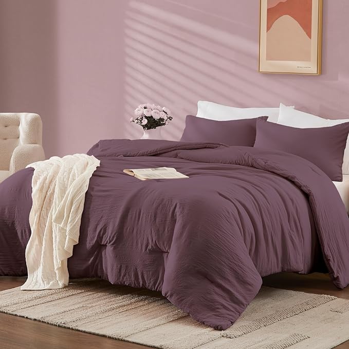 WRENSONGE Full Size Comforter Sets - 3 Pieces Deep Purple Comforter Prewashed Soft Lightweight for All Seasons, Fluffy Down Alternative Comforter Full Size with 2 Pillow Shams