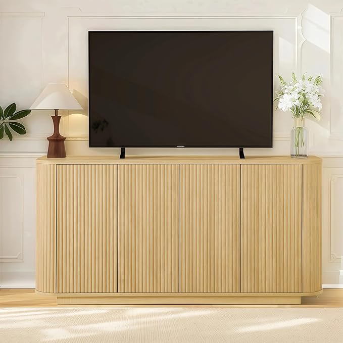 LKTART 64" Buffet Cabinet with Storage, Modern Fluted Accent Sideboard Media Console Credenza with Adjustable Shelves Pressed Spring for Kitchen Living Room,31.5" H (Natural Oak)