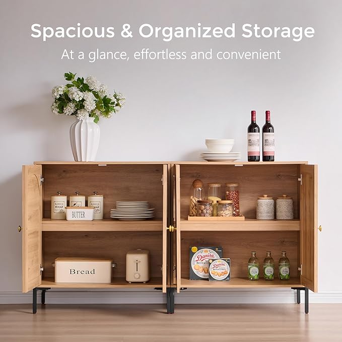 Modern Buffet Cabinet with Storage, 61.75" W Fluted Arched Sideboard Cabinet w/Adjustable Shelves, Wooden Modular Coffee Bar for Dining Room, Kitchen, Living Room, Entryway, Natural