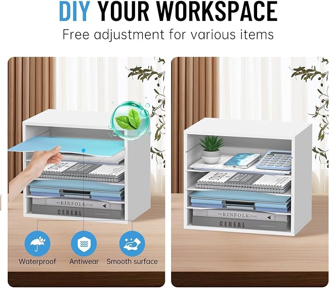 5-Tier Wood Desk Organizer, Paper Tray Organizer for Desk with Adjustable Storage Shelves, Desktop File Organization Paper Sorter Mail Holder for Office Home Classroom, White