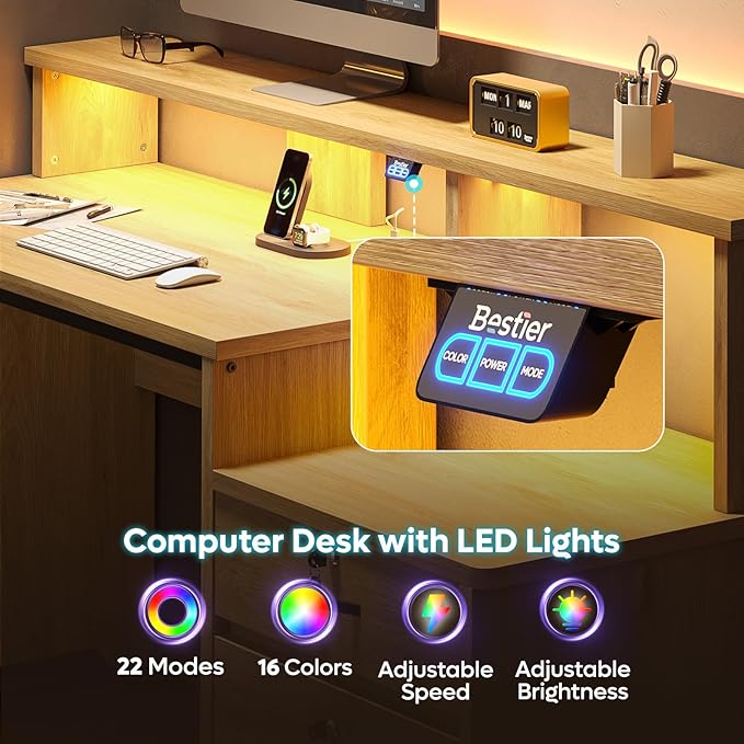 Bestier 55" Computer Desk with Power Outlets & LED Lights, Home Office Desk with Lockable File Drawer & Printer Shelf, Monitor Stand, Modern Gaming Desk & Study Workstation, Natural Oak
