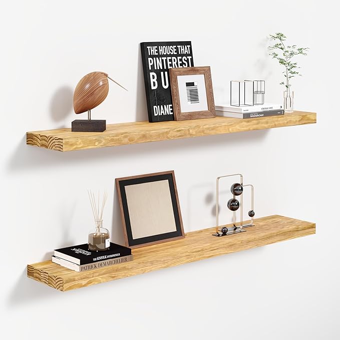 Howizz 36'' Wood Floating Shelves for Wall, Acacia Wood Wall Mounted Shelves with Invisible Brackets, Rustic Wooden Shelf Set of 2 for Living Room, Bedroom, Bathroom, Kitchen Decor, Natural Finish