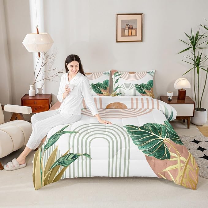 Erosebridal Pink and Green Boho Comforter Set King Aesthetic Mid Century Bedding Set for Kids Boys Girls Simple Line Botanical Leaf Art Comforter Modern Minimalist Tropical Quilt Duvet