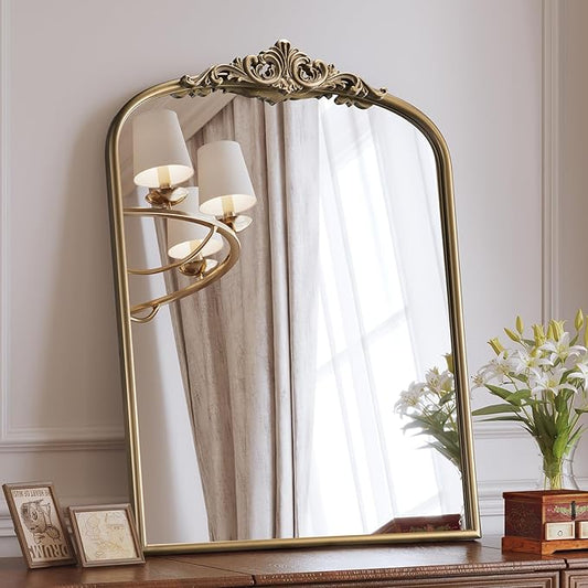 Gold Arched Antique Wall Mirror, 24"x32" Vintage Gold Bathroom Mirror Over Sink, Brass Ornate Arch Wall Mirror for Living Room, Bedroom, Fireplace, Entryway, Hanging or Leaning