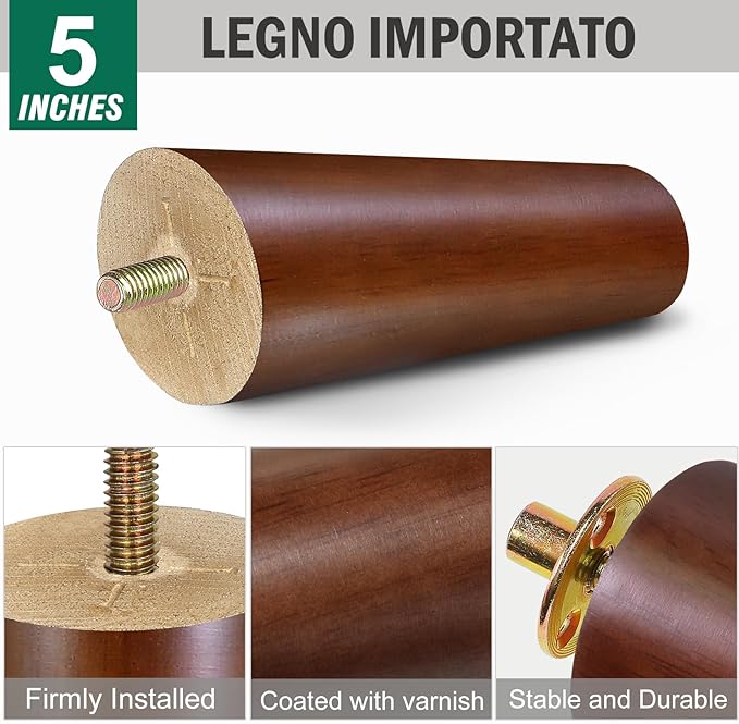 FoDau770 Brown Rubber Wood Furniture Legs 5 Inches, Slant Tapered Wood Feet Mid Century Sofa Legs Set of 4, 5/16" UNC Furniture Feet Replacement Parts for Cabinet Couch Dresser Chair Ottoman Table