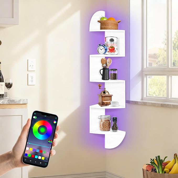Corner Shelf Wall Mounted, 5 Tier Corner Bookshelf with Light, Corner Floating Shelves Display Shelf Stand for Bedroom, Bathroom, Living Room, Kitchen, Home, Office (White)