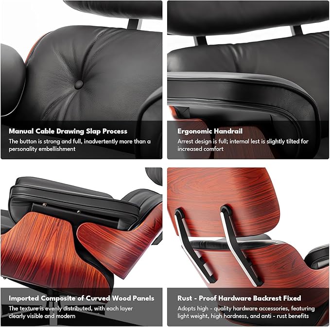 Top Black Grain Leather, Mid Century Chaise Lounge Chair and Ottoman, Modern Chair Classic Design, Heavy Duty Base Support for Living Room Study Lounge Office, Darkrosewood