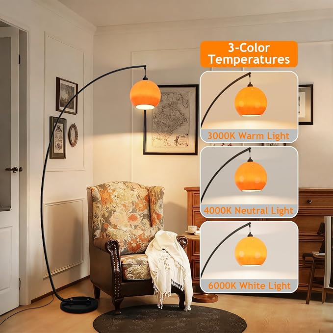 71" Arc Floor Lamp Mid Century Modern Orange Floor Lamp Globe Glass Standing Lamp With E26 3-Color Temperatures Marble Base Tall Light For Living Room Bedroom Study Dining Room(Includes Bulb) (Orange)