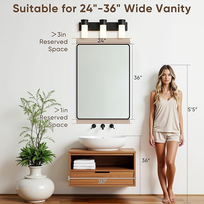 Bathroom Mirrors for Over Sink 24" x 36", Black Metal Frame Rounded Corner Rectangle Wall Mirror, Modern Farmhouse Vanity Mirror(Horizontal/Vertical)