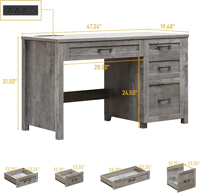 Vabches Farmhouse 47" Executive Desk, Computer Desk with File Drawer and Charging Station, Workstation for Home Office, Study.Grey.