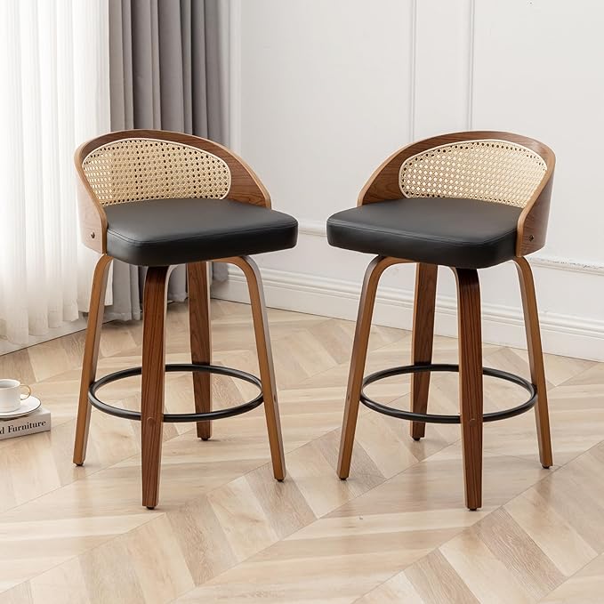 30" Swivel Rattan Bar Stools,Mid-Century Modern Faux Leather Upholstered Bar Height Stools Kitchen Island Barstool with Rattan Low Backrest,Walnut Wood Finish Bar Chairs,Black PU,1PCS