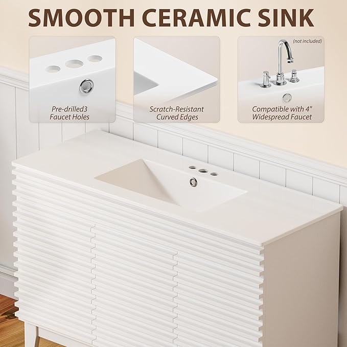 APRILSOUL 48" Bathroom Vanity with Ceramic Sink, Mid-Century Bathroom Vanity Cabinet with 2 Soft Closing Doors, Freestanding Bathroom Cabinet, Particleboard Frame with Wood Grain Laminate, White