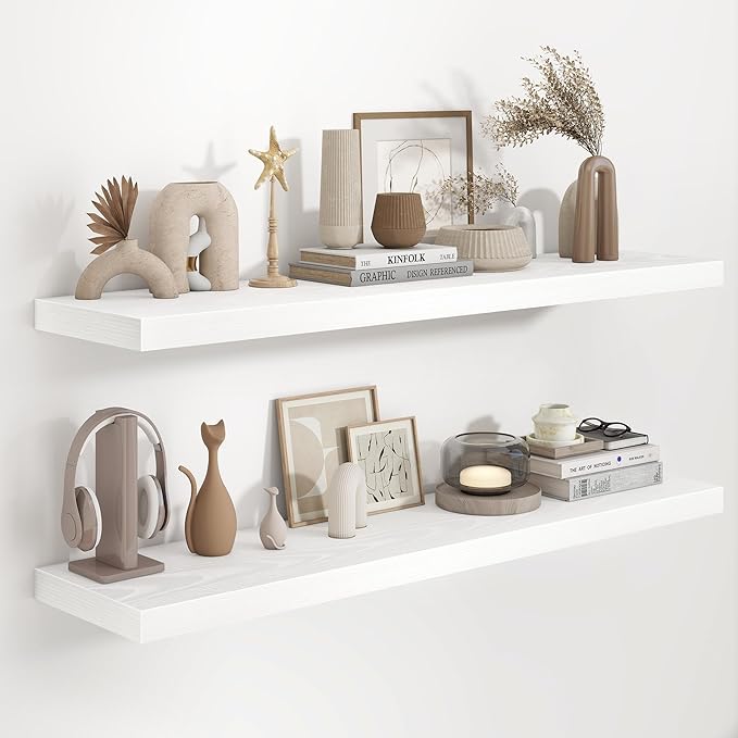 Fun Memories 48 Inch Floating Shelves in White, 9.3 Inch Deep Floating Shelf for Bathroom Living Room Kitchen, Rusitc Wall Mounted Bathroom Shelves 2 Pack, Heavy-Duty Deep Shelf for Books Decor