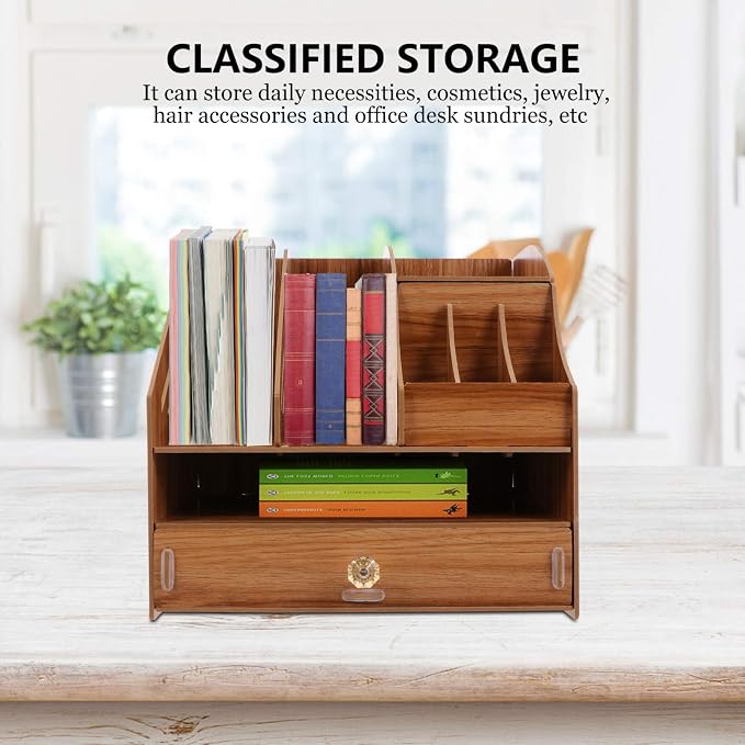 Hemoton Desk Organizer Wooden Tabletop Storage Organizer Desktop File Box Wood