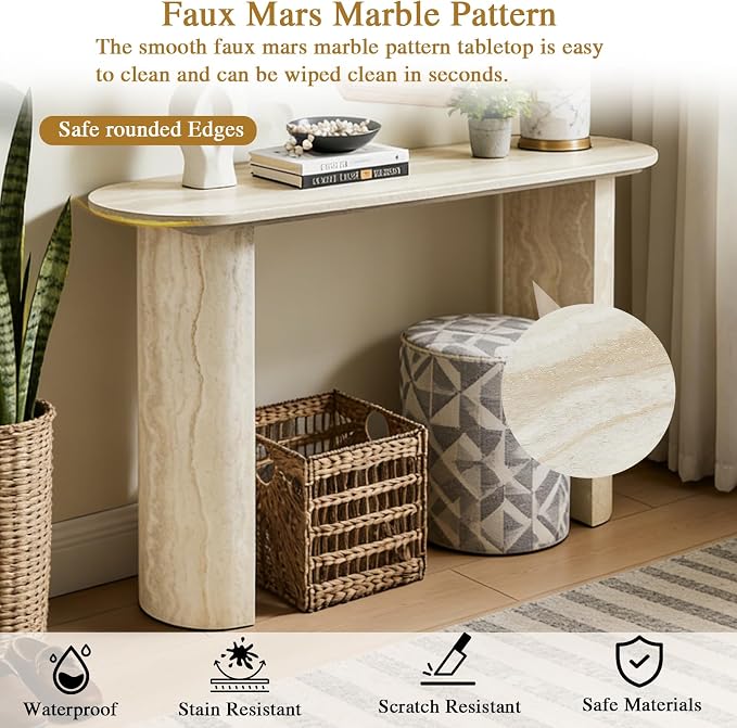 Faux Mars Marble Pattern Console Table, 55.12" Skinny Long Sofa Table Behind Couch with Rounded Edges, Wooden Narrow Sofa Table Hall Table for Living Room Foyer Entrance Hallway, Marble