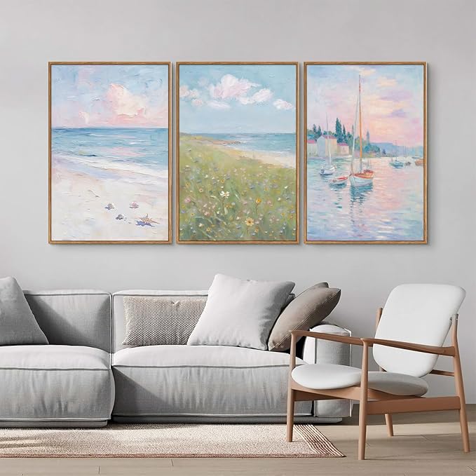 Rantodecor Impressionist Framed Canvas Wall Art, Vintage Italy Coastal Sailboat Wall Decor, Light Blue and White Posters Art Prints, Pastel Beach House Artwork for Bedroom Living Room Office 16"x24"x3