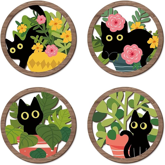 TOARTi 4PCS Boho Black Cat Wall Art Farmhouse Floral Cat Hanging Wood Sign Botanical Kitten Wall Decor Plant Cats Room Decor Floral Leaves Cat Wooden Sign for Living Room Bedroom Decoration