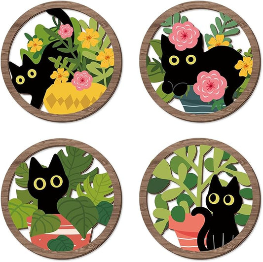 TOARTi 4PCS Boho Black Cat Wall Art Farmhouse Floral Cat Hanging Wood Sign Botanical Kitten Wall Decor Plant Cats Room Decor Floral Leaves Cat Wooden Sign for Living Room Bedroom Decoration