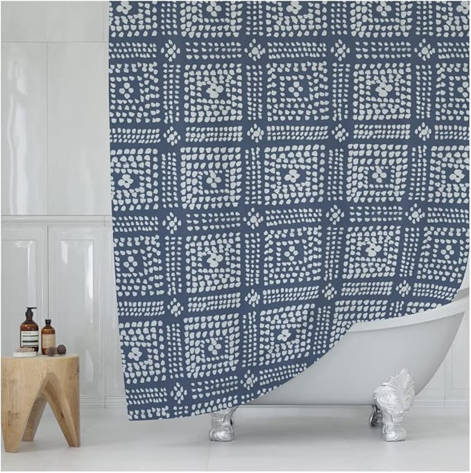 Modern Blue Shibori Print Shower Curtain - Boho Geometric Dot Pattern - Mudcloth Design - Decorative Fabric Shower Curtain for Any Bathroom - 72x72 Inches (Shibori)