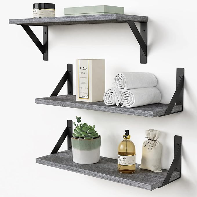 Forbena Grey Floating Shelves for Wall Decor Set of 3, Floating Book Shelves for Bedroom Living Room Classroom Library Office, Wall Mounted Shelf for Kids Room Christmas Decor (Rustic Gray)