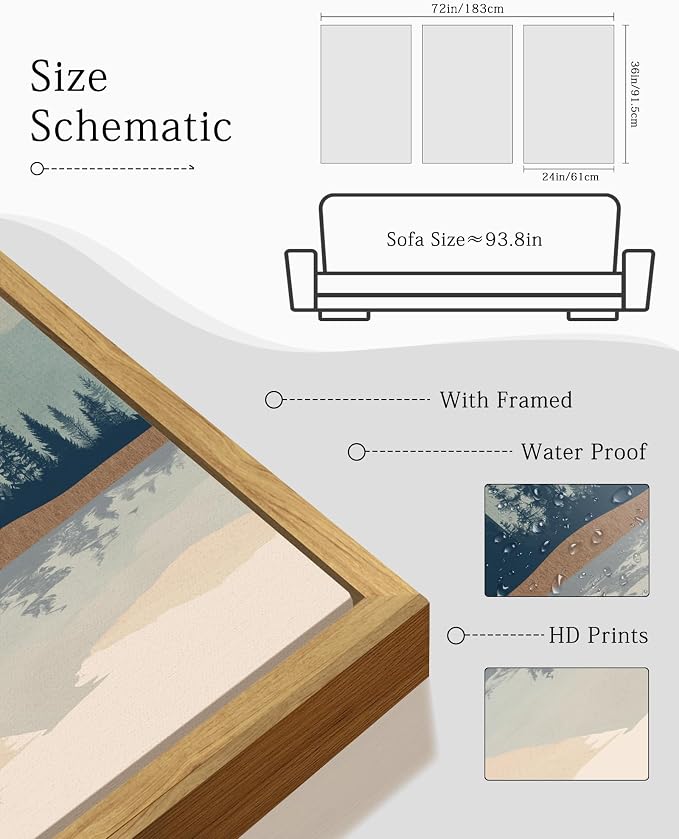 KUVIOKE Mountain Landscape Framed Canvas Wall Art Watercolor Nature Laker Painting Sun Rises Boho Farmhouse Rustic Room Decor for Bedroom Dining Room 24x36in (Natural Framed)