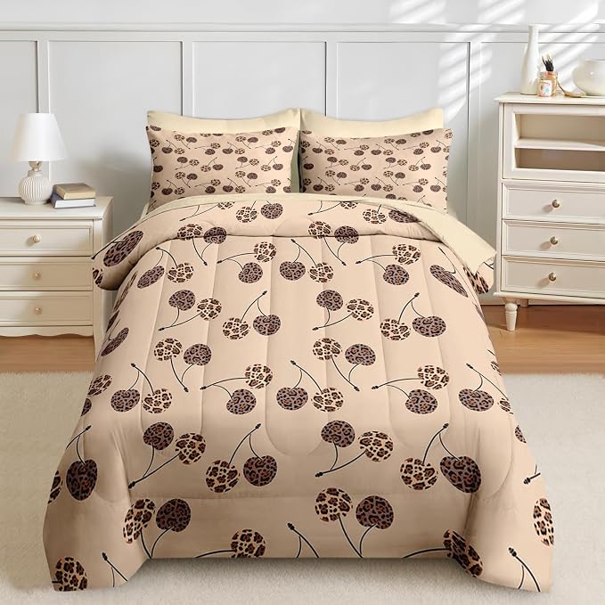 Nesker 7 Pcs Comforter Set Queen Size, Beige Leopard Cherry Bedding Set for Kids and Adults, Cute Modern Brown Sheets Bed Sheet Sets with Fitted Sheet 2 Pillowcases & 2 Shams