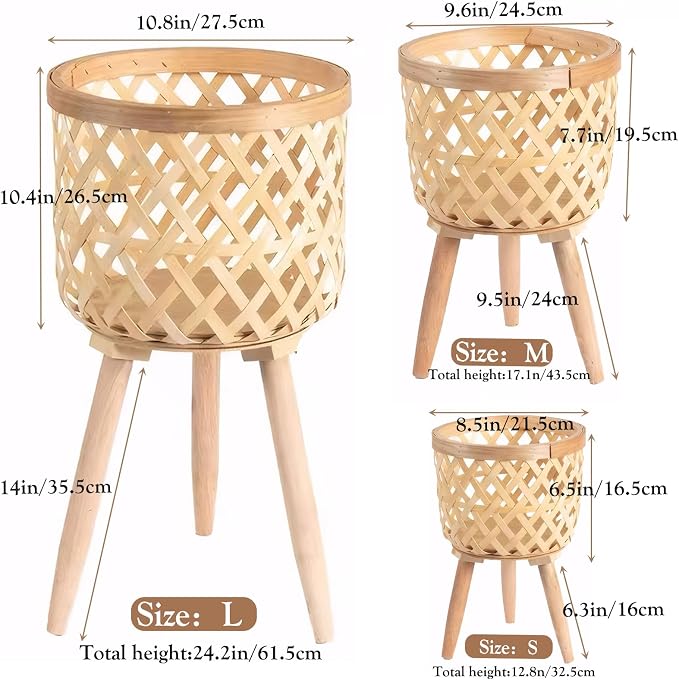 Boho rattan plant stand set of 2/3 – handwoven tall elevated wicker plant baskets for indoor plants, mid-century modern wooden planter holder with tripod legs,no-tool assembly，apartment gardening， farmhouse home decor, ideal gift for houseplant lovers