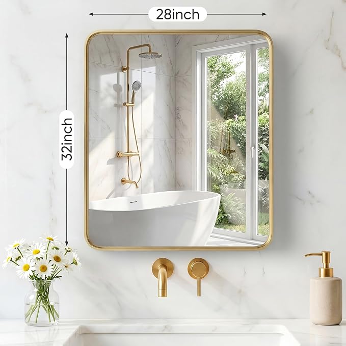 NEWBULIG 28X32 Inch Bathroom Mirror for Over Sink, Wall Vanity Mirrors Tempered Glass, Anti-Rust Metal Framed Rounded Rectangle, Hangs Horizontally or Vertically, Farmhouse Home Decor, Gold