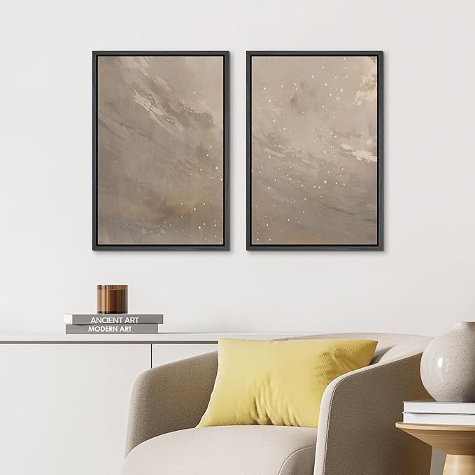 IDEA4WALL Framed Canvas Print Wall Art Set Soft Beige Starry Sky Minimalist Abstract Night Scene Illustrations Modern Art Decorative Calm/Zen for Living Room, Bedroom, Office - 24"x36"x2 Black