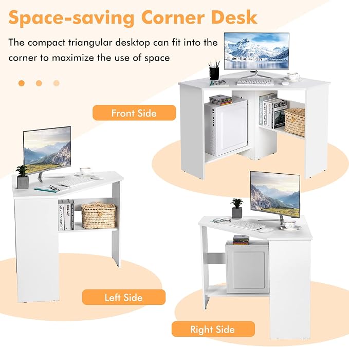LDAILY Corner Desk, Space Saving 90 Degree Triangle Computer Desk with Storage Shelves & Cable Holes, Wood Compact Corner Writing Table for Small Spaces, Home Office, Bedroom & Living Room, White