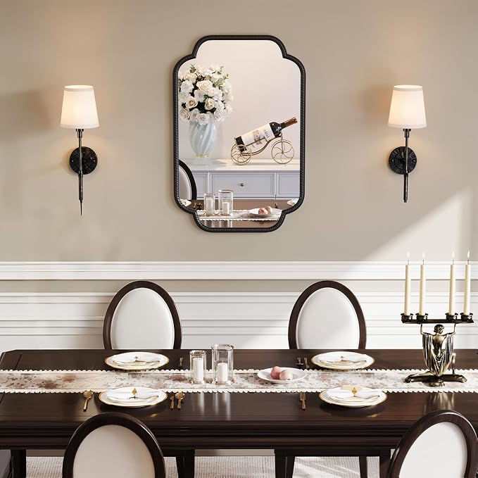 Vintage Black Wall Mirror - 24"x36" Large Black Bathroom Vanity Mirror with Rounded Corner Rope-Like Rectangle Metal Frame, Wall Decorative Mirrors for Living Room, Bedroom, Fireplace