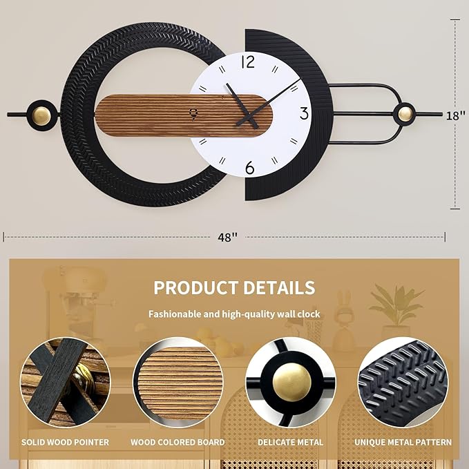 Modern Minimalist Wall Clocks,Black Metal & Wood Geometric Design Large Wall Clocks,Silent Non-Ticking Battery Operated,for Living Room Home Office Wall Art