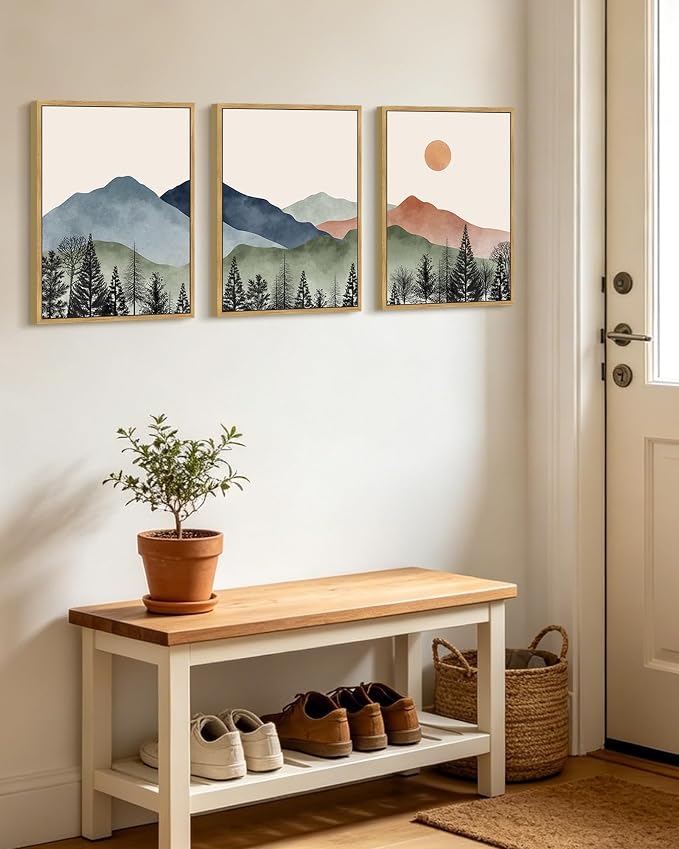 KUVIOKE Mountain Landscape Framed Wall Art Watercolor Nature Painting Boho Sun Rise Prints Farmhouse Rustic Room Decor Ready to Hang 12x16in (Natural Framed)