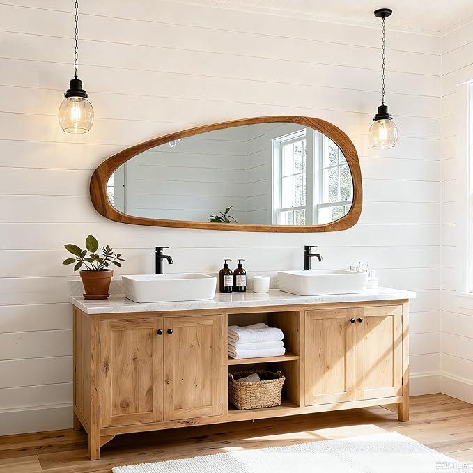 Asymmetrical Mirror, 48"x22" Irregular Mirror Full Length, Wood Wall Mirror for Bathroom Bedroom Living Room Entryway Hallway, Mid Century Modern Decor (Natural Wood)