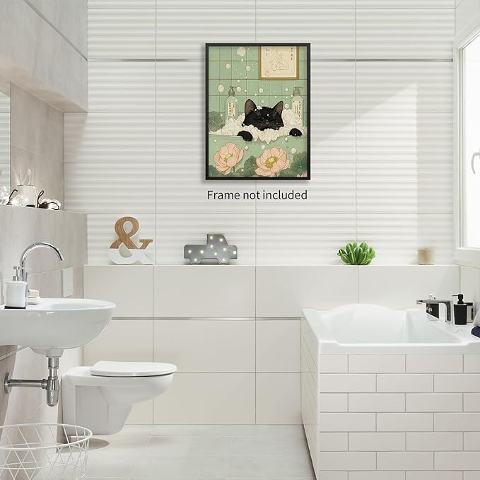 EOLRCIG Black Cat in Bathtub Poster Vintage Japanese Bathroom Wall Art Funny Cute Animal Canvas Prints for Bedroom Restroom Toilet Wall Decor 16X24 inch Unframed