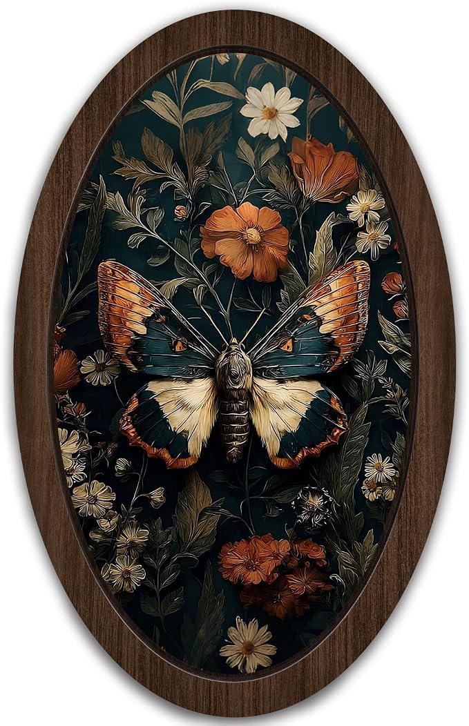 UYIKG Vintage Moth Wall Art Decor,Cottagecore Moth Floral Oval Wall Decor,Gothic Witchy Mystical Oval Wooden Framed Decorations for Theme Room Home Bedroom Living Room 9x14.6 in