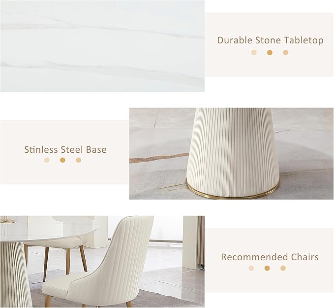 Leavader Modern Round Dining Table Set- 53" Sintered Stone Dining Table with Cream White Cylindrical Base, 7-Piece Marble Round Dining Room Set for Kitchen, Restaurant