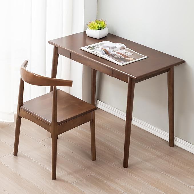 Solid Wood Desk with Drawers, Wooden Computer Desk for Home Office, Gaming Study Desk for Small Spaces, Writing Work Desk for Bedroom,Easy Assembly (Walnut Color 40 inch)