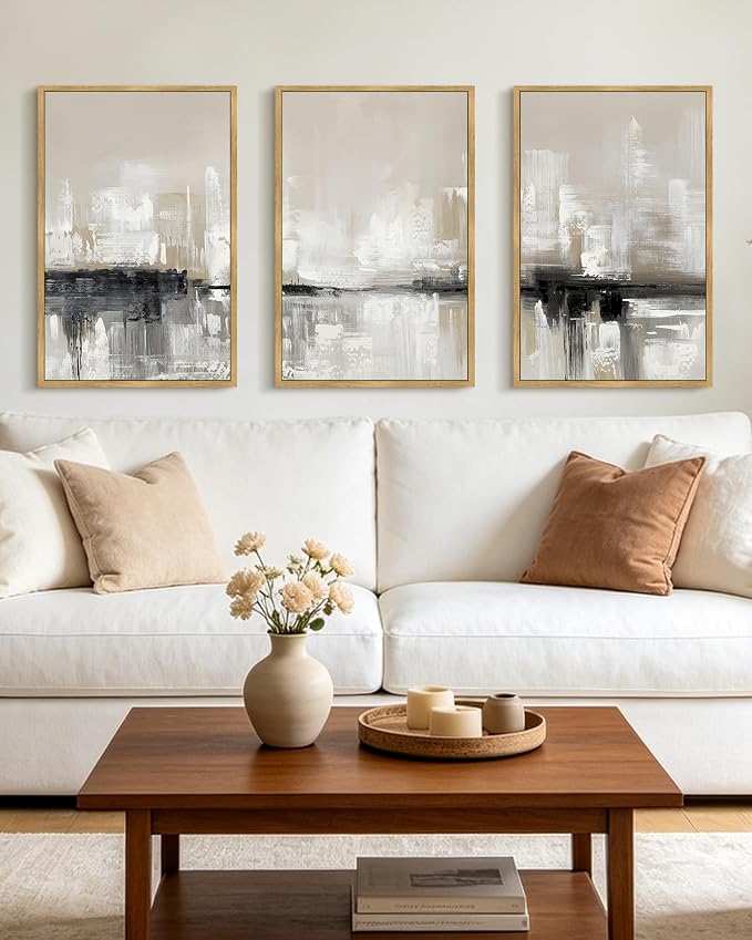 KUVIOKE Abstract Gray Framed Wall Art Neutral Brown Artwork Painting Morden Minimalist Wall Decor Rustic Home Decor 16x24in (Natural Framed)