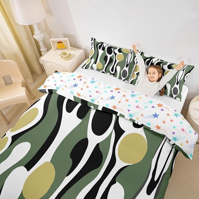 Erosebridal Organic Abstract Duvet Cover Set Modern Contemporary Full Size Bedding Sets for Tween Boys Girls Boho Mid Century Wavy Lines Comforter Cover Retro Geometric Bed Set,Olive Green Khaki