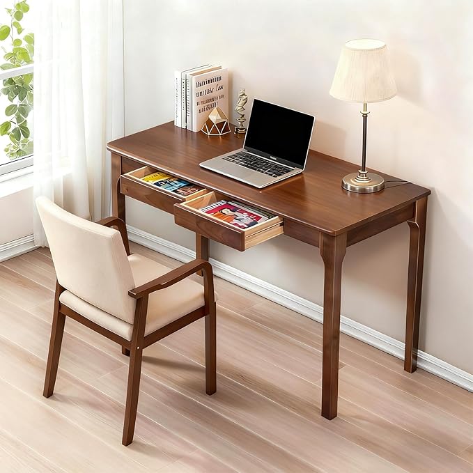 Solid Wood Desk with Drawers, 47.2" Small Computer Desk for Small Spaces, Mid Century Modern Home Office Desk, Student PC Desk for Study, Bedroom, Living Room, Office (Walnut, 47")