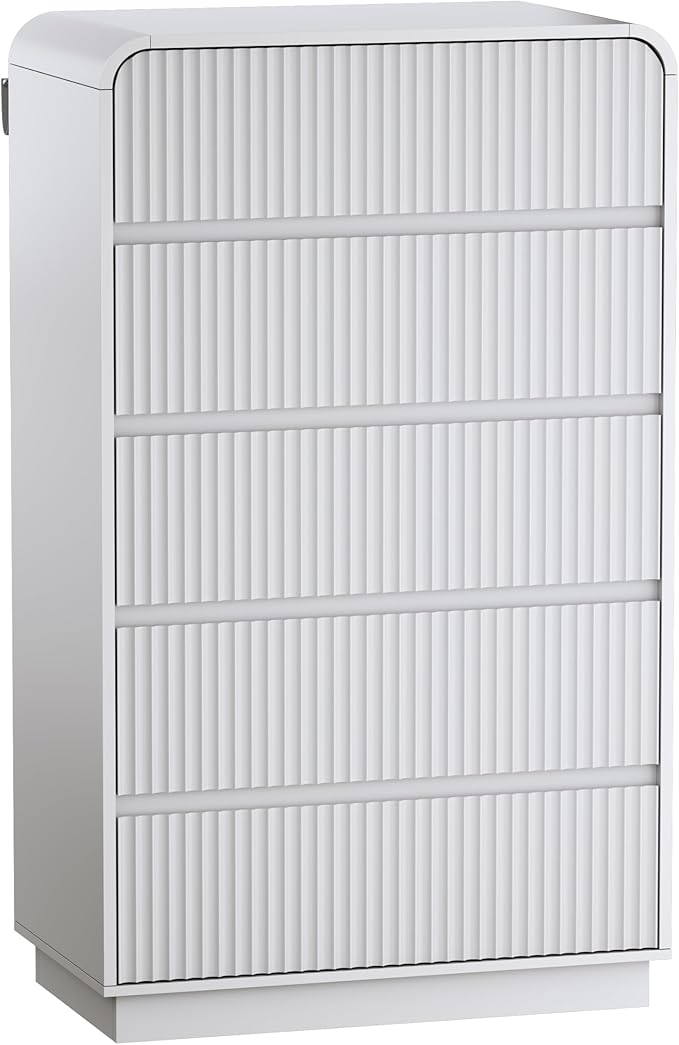White Dresser Fluted Tall 5 Drawer Dresser for Bedroom, Wood Chest of Drawers with Hidden Handles & Rounded Corners, Modern Storage Cabinet and Organizer Drawers for Living Room, Hallway