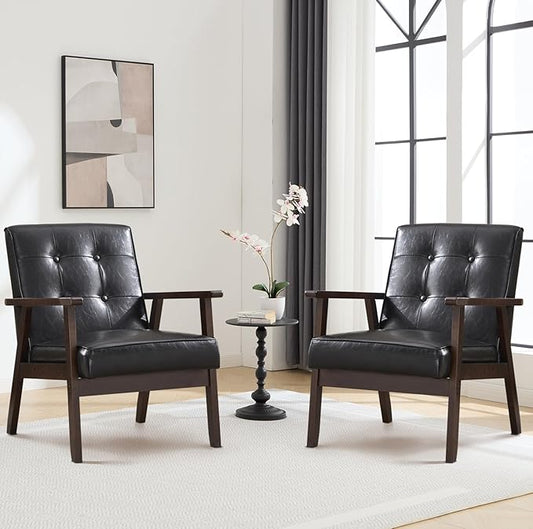 Bonzy Home Mid Century Modern Accent Chairs Set of 2 for Living Room, Upholstered Faux Leather Armchair Comfy Retro Bedroom Side Chair with Solid Wood Frame, Black
