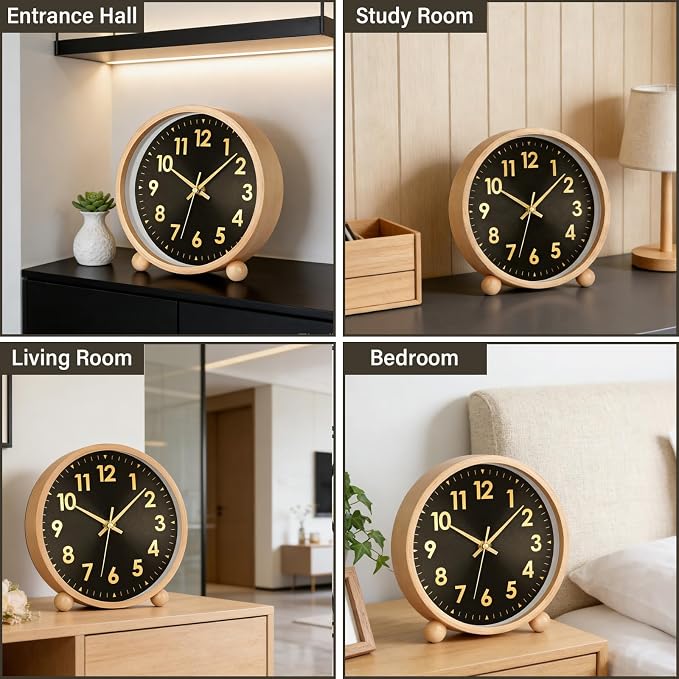 Maxspace Wooden Table Clock,8in Silent Non-Ticking Desk Clock,Battery Operated Desktop Analog Clock for Living Room Office Bedroom Decor (Black Gold - Log, Wooden Ball Base)