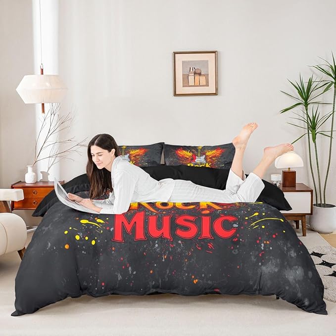 Erosebridal Rock Music Bedding Set King for Boys Men - Rock Roll Electric Guitar Duvet Cover Vintage Cool Flame Wings Guitar Comforter Cover,Trendy Punk Music Bed Set