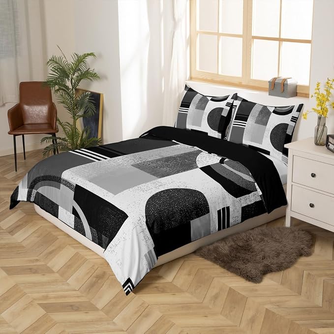Geometric Striped Circle Duvet Cover Set King Size,Abstract Aesthetic Simple Art Bedding Set,Boys Girls Room Decor,Graffiti Retro Squares Comforter Cover,Grey Quilt Cover,2 Pillowcases(No Filler)